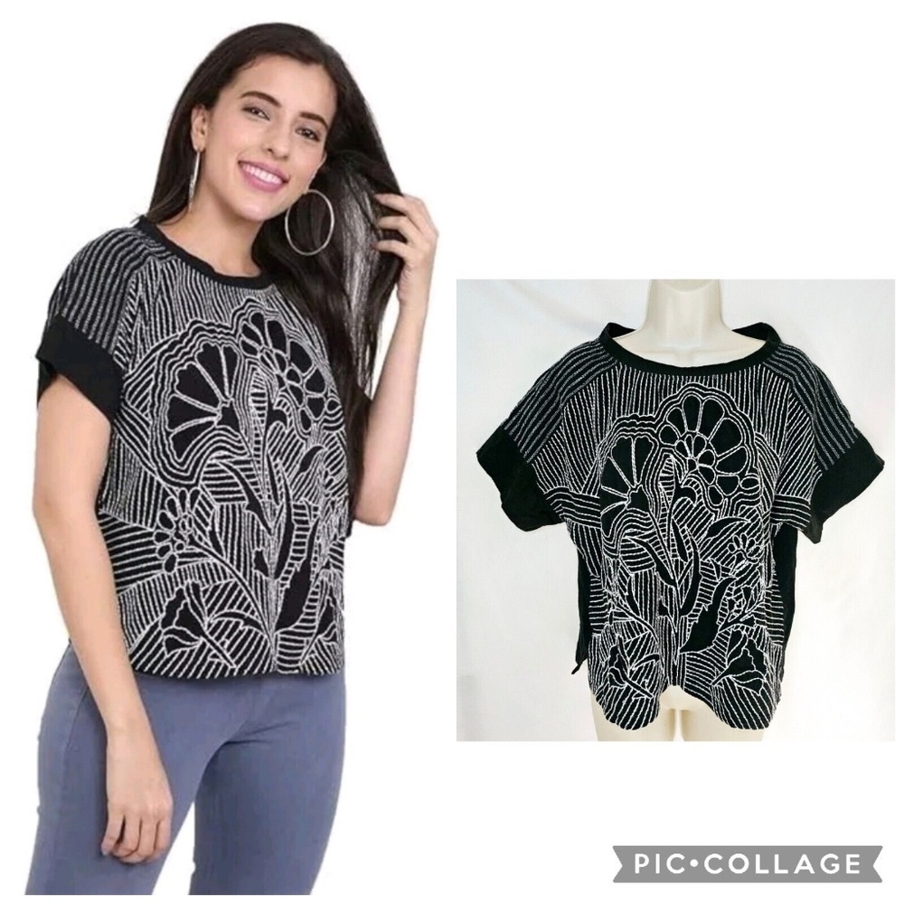 Womens by Anthropologie Black and White Floral Art Deco Embroidery Shirt Size M